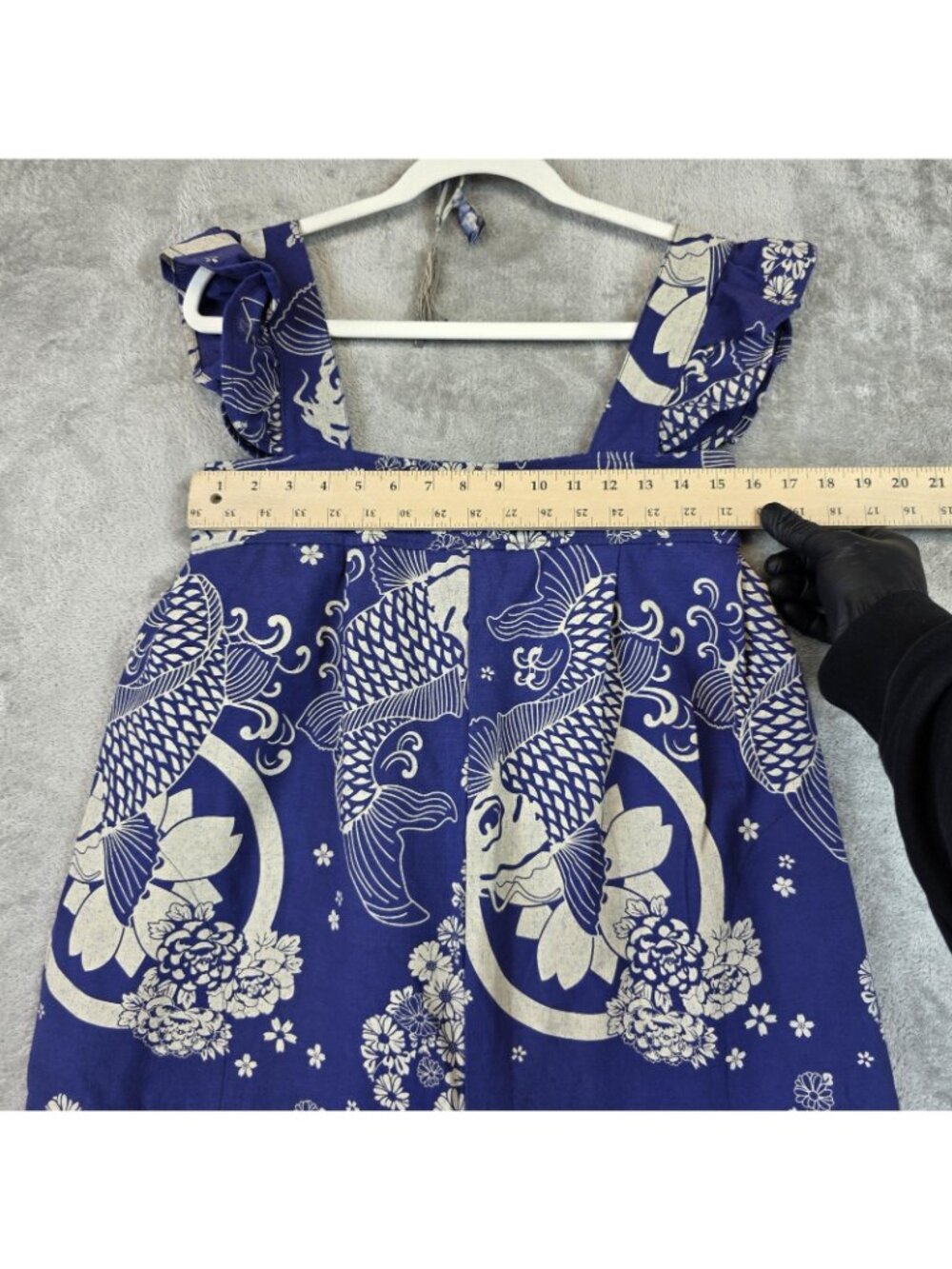 Blue Koi Fish Jumpsuit Womens M Square Neck Ruffle Straps Wide Leg Crop Casual - Picture 3 of 9